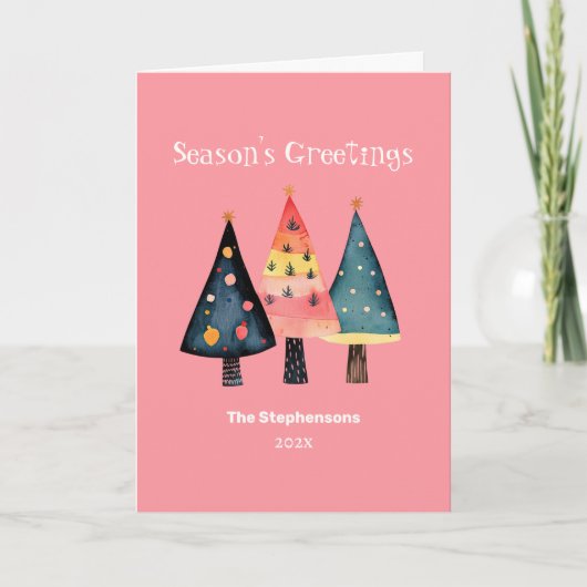 Retro Christmas Trees Pink Folded Holiday Card シーズンカード (正面)