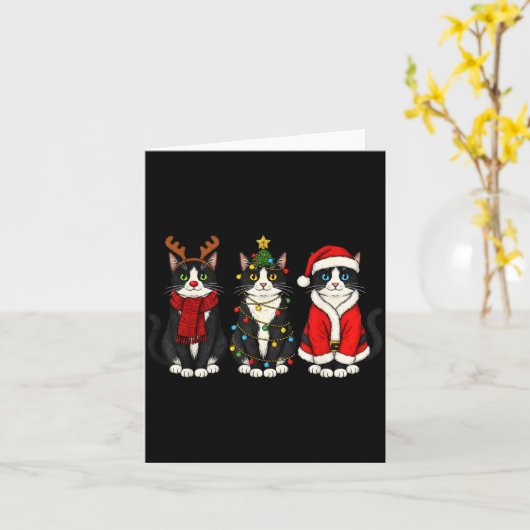 Retro Christmas Tuxedo Cat Santa Reindeer  カード (黄色い花)