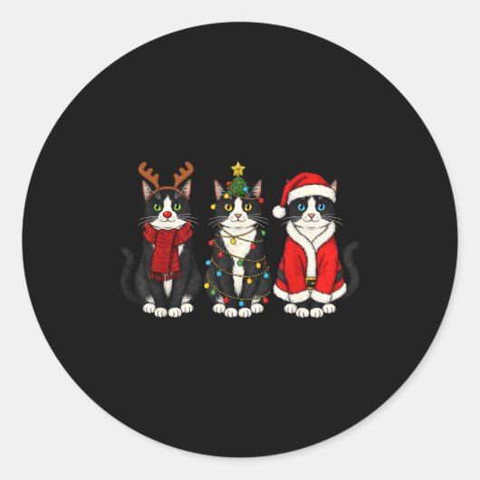 Retro Christmas Tuxedo Cat Santa Reindeer  ラウンドシール (正面)