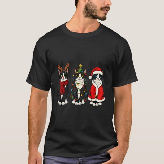 Retro Christmas Tuxedo Cat Santa Reindeer  Tシャツ (正面)