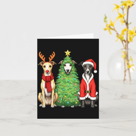 Retro Christmas Whippet Santa Reindeer Dog Lover カード (黄色い花)
