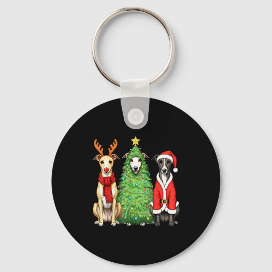 Retro Christmas Whippet Santa Reindeer Dog Lover  キーホルダー (正面)