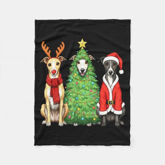 Retro Christmas Whippet Santa Reindeer Dog Lover  フリースブランケット (正面)