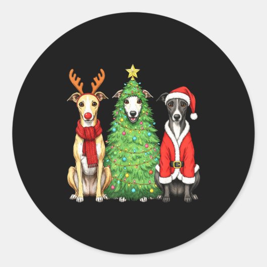 Retro Christmas Whippet Santa Reindeer Dog Lover  ラウンドシール (正面)