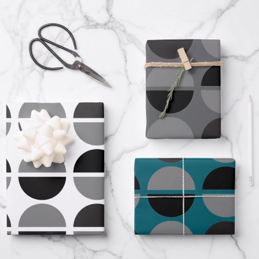 Retro Circles Black and Grey Wrapping Gift Paper ラッピングペーパーシート (正面)