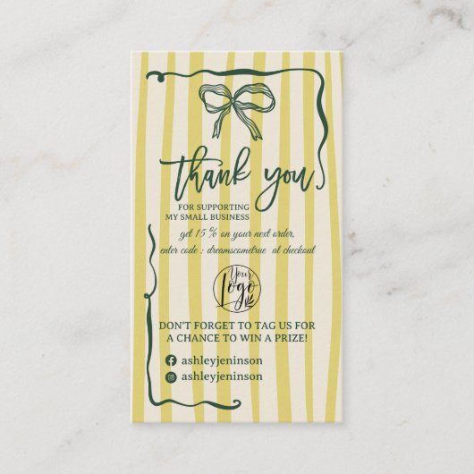 Retro Citrus Green Bow Logo QR Thank You Order 名刺 (正面)