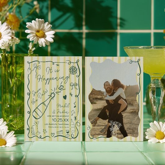 Retro Citrus Green hand drawn photo wedding セーブザデート