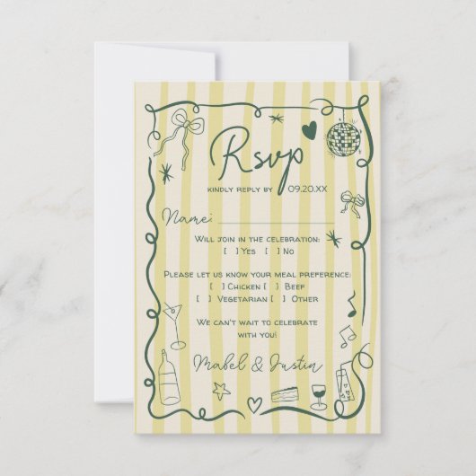 Retro Citrus Green hand drawn wedding QR 出欠カード (正面)
