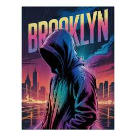 Retro City Night Poster – Vibrant Neon Hooded ポスター