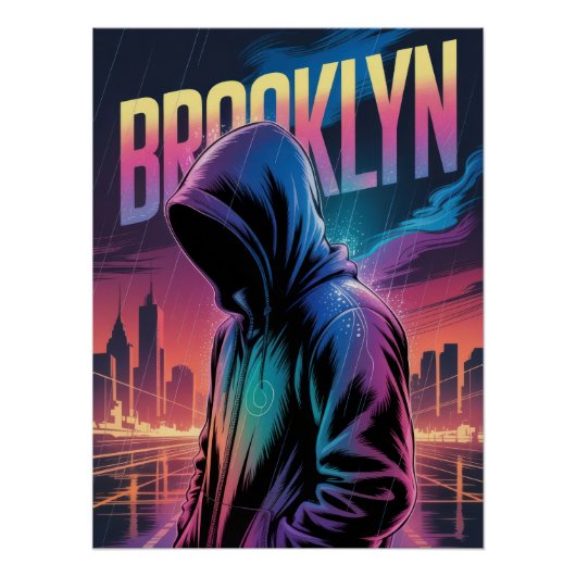 Retro City Night Poster – Vibrant Neon Hooded ポスター (正面)