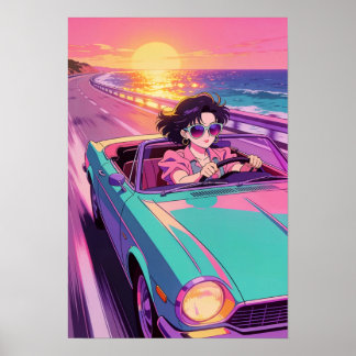 Retro Coastal Drive 90s Anime Sunset ポスター