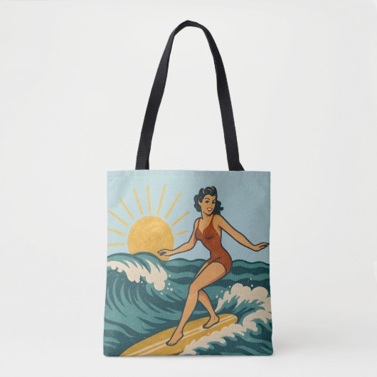 Retro Coastal Pin-Up Surfer Art | Blue Surf Beach トートバッグ (正面)