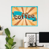 Retro Coffee Typography Teal Brown Sunburst ポスター (ホームオフィス)