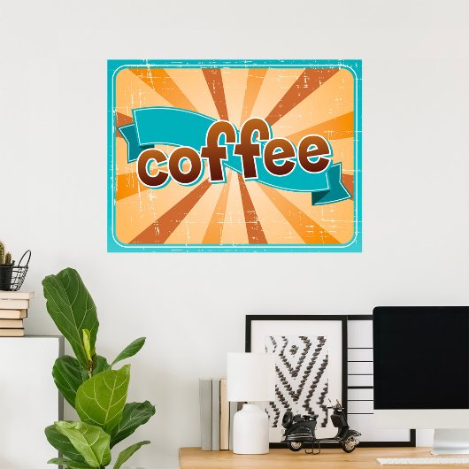 Retro Coffee Typography Teal Brown Sunburst ポスター