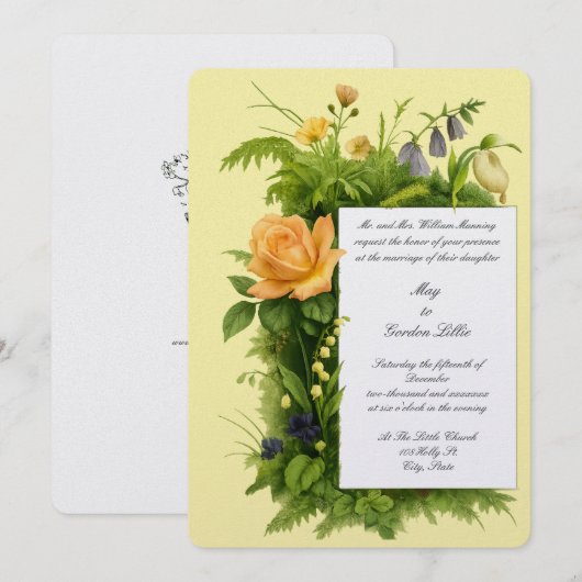 Retro Color Botanical Wildflowers Wedding 招待状 (正面/裏面)