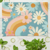 Retro Colorful Daisy's And Rainbows  キッチンタオル (折り畳み)