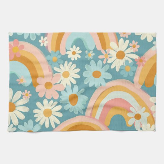 Retro Colorful Daisy's And Rainbows  キッチンタオル (横)