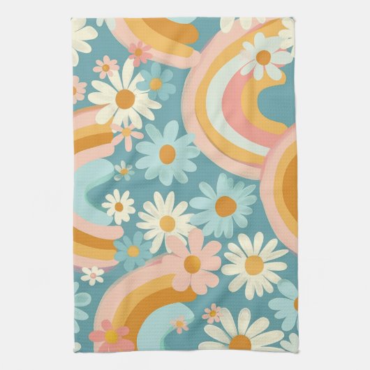 Retro Colorful Daisy's And Rainbows  キッチンタオル (縦)