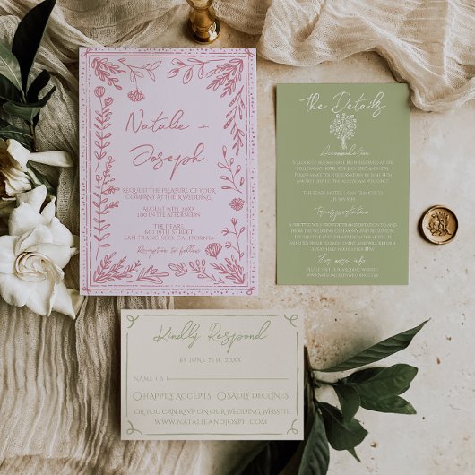 Retro Colorful Hand Drawn Floral Garden Wedding 招待状