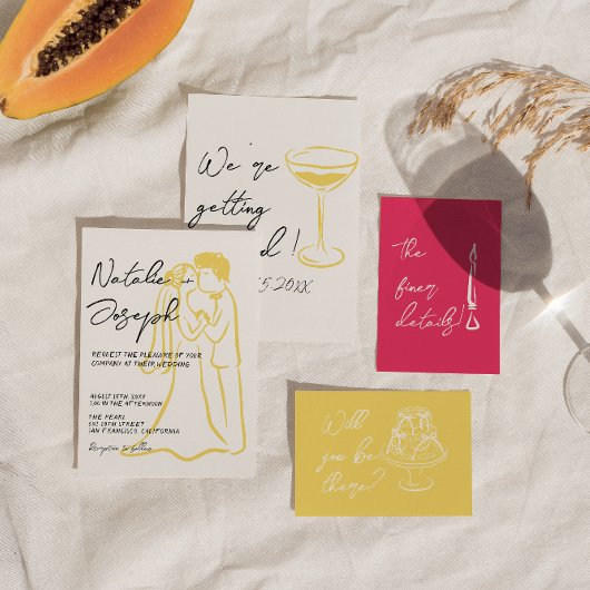 Retro Colorful Hand Drawn Unique Modern Wedding 招待状