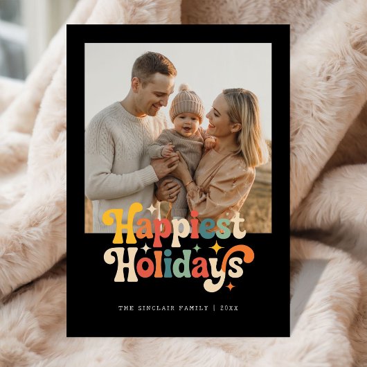 Retro Colorful Happiest Holidays Family Photo シーズンカード