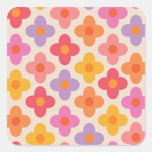 Retro Colorful Hippie Mod Flowers Pattern  スクエアシール (正面)