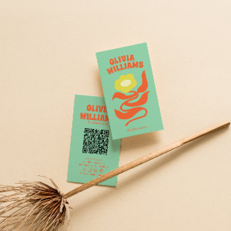 Retro Colorful QR Code Boho Groovy Floral Daisy 名刺