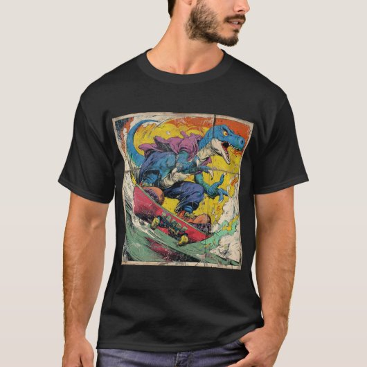 Retro Comic T-Rex Skateboarding Tシャツ (正面)