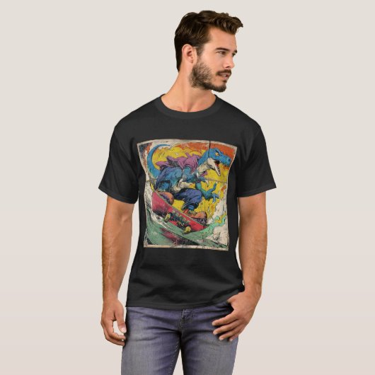 Retro Comic T-Rex Skateboarding Tシャツ (正面フル)