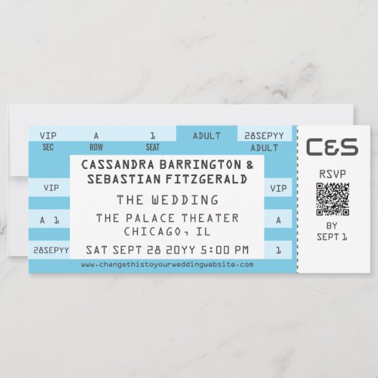 Retro Concert Ticket All-in-One Blue Wedding 招待状 (正面)