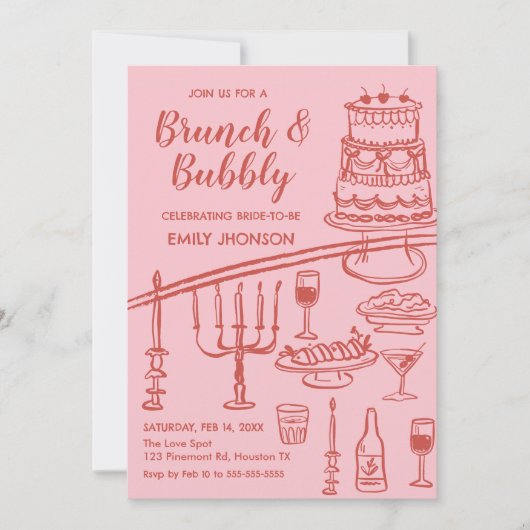 Retro coquete pink brunch and bubbly invitation 招待状 (正面)