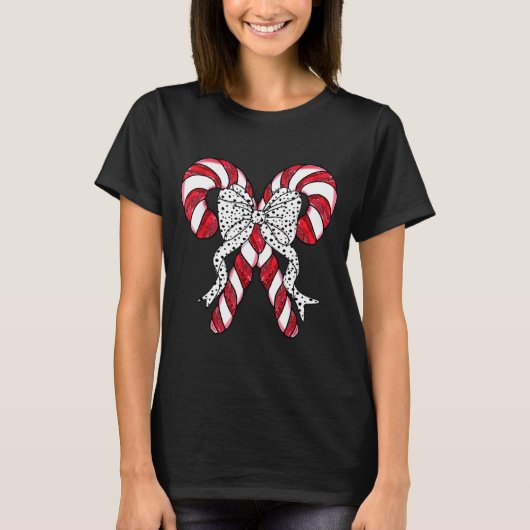 Retro Coquette Bow Candy Cane Christmas Season Wom Tシャツ (正面)