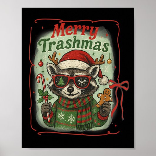 Retro Coquette Merry Trashmas Raccoon Christmas Cu ポスター (正面)