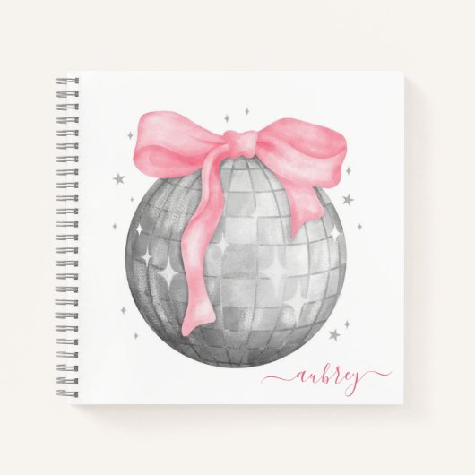 Retro Coquette Silver Disco ball Pink Ribbon ノートブック (正面)