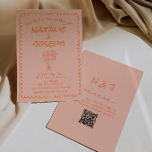 Retro Coral Hand Drawn QR Code Quirky Wedding 招待状