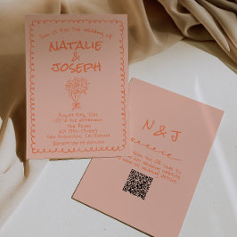 Retro Coral Hand Drawn QR Code Quirky Wedding 招待状