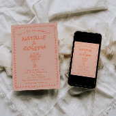 Retro Coral Hand Drawn Written Quirky Fun Wedding 招待状