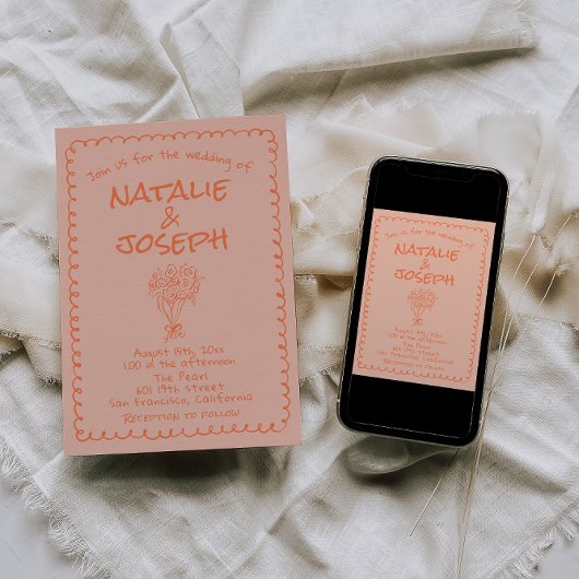 Retro Coral Hand Drawn Written Quirky Fun Wedding 招待状