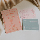 Retro Coral Hand Drawn Written Quirky Fun Wedding 招待状