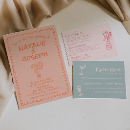Retro Coral Hand Drawn Written Quirky Fun Wedding 招待状