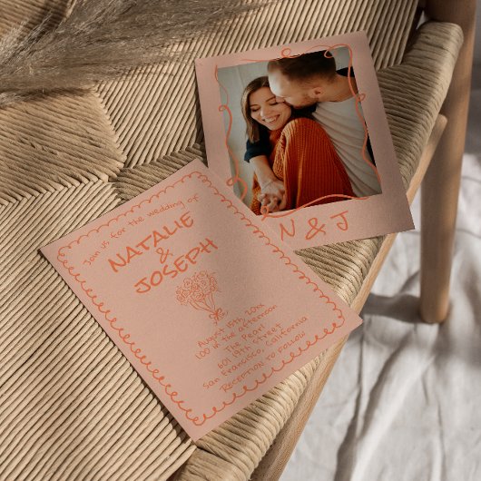 Retro Coral Hand Written Quirky Photo Wedding 招待状