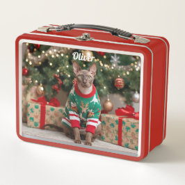 Retro Cornish Rex Cat Christmas Personalized  メタルランチボックス