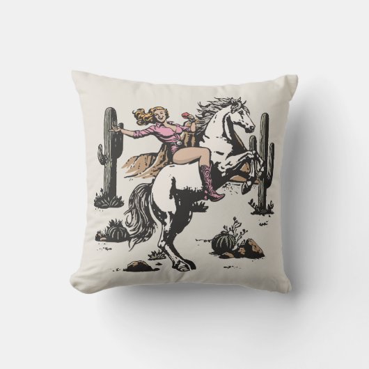 Retro Cowgirl Riding Horse Throw Pillow クッション (正面)