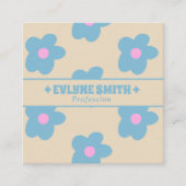 Retro Cream Blue Groovy Floral Trendy Fun Boho スクエア名刺 (正面)