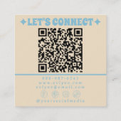 Retro Cream Blue QR Code Groovy Floral Fun Boho スクエア名刺 (裏面)