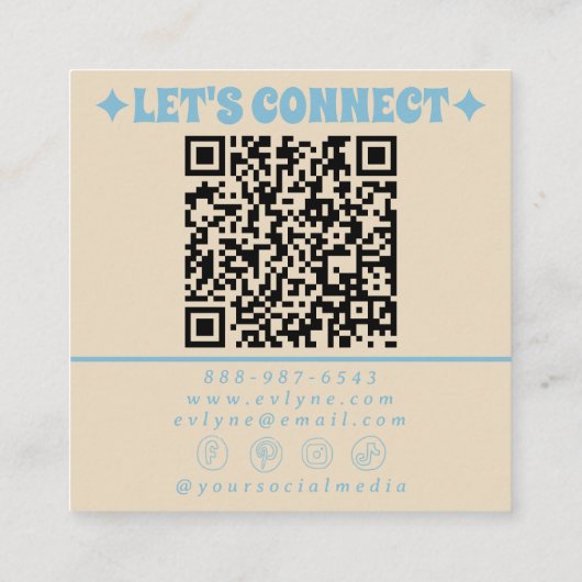 Retro Cream Blue QR Code Groovy Floral Fun Boho スクエア名刺 (裏面)