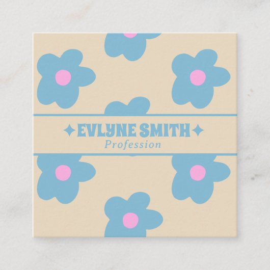 Retro Cream Blue QR Code Groovy Floral Fun Boho スクエア名刺 (正面)