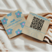 Retro Cream Blue QR Code Groovy Floral Fun Boho スクエア名刺