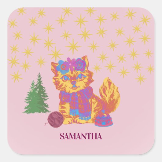 Retro Cute Cat Christmas Sticker スクエアシール (正面)