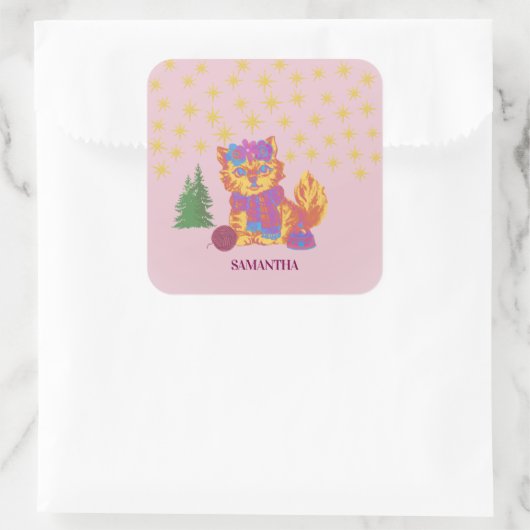 Retro Cute Cat Christmas Sticker スクエアシール (バッグ)